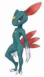  2019 anthro blue_body claws female flat_chested full-length_portrait genitals hi_res looking_at_viewer mammal nintendo pok&eacute;mon pok&eacute;mon_(species) portrait pupils pussy red_eyes simple_background slit_pupils smile sneasel solo standing video_games w4g4 white_background 