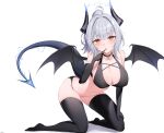  1girl :o absurdres arknights bare_shoulders bikini black_bikini black_gloves black_thighhighs black_wings blush breasts cleavage collarbone collared_shirt commentary demon_wings dragon_girl dragon_horns dragon_tail elbow_gloves electricity english_commentary finger_to_mouth full_body gloves grey_hair heart highres horns kneeling large_breasts leaning_forward liskarm_(arknights) long_hair looking_back navel open_mouth ponytail red_hair shirt simple_background solo swimsuit tail thighhighs white_background wings xooku 