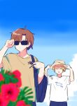  2boys akechi_hideki beach blonde_hair blue_sky brown_hair closed_eyes closed_mouth flower hat hibiscus highres jiitarou mahjong_soul male_focus multiple_boys open_mouth pink_flower shinomiya_natsuki_(uta_no_prince-sama) short_hair sketch sky smile sun_hat sunglasses 