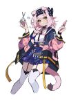  1girl animal_ears arknights black_bow black_collar black_hairband blue_bow blue_jacket blue_skirt blush bow braid cat_ears cat_girl cat_tail clothes_writing collar cropped_legs feet_out_of_frame floppy_ears flying_sweatdrops garter_straps goldenglow_(arknights) hair_bow hairband hands_up highres holding holding_scissors jacket lightning_bolt_print long_hair long_sleeves looking_at_viewer multicolored_clothes multicolored_jacket open_clothes open_jacket pink_hair pink_jacket print_bow print_hairband scissors shirt simple_background skirt smile solo tail thighhighs two-tone_jacket vegetable_noda white_background white_shirt white_thighhighs yellow_eyes 