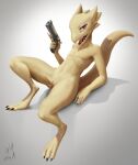  2019 anthro female flat_chested full-length_portrait genitals gun handgun hi_res holding_gun holding_object holding_weapon kobold nude nude_anthro nude_female open_mouth portrait pussy ranged_weapon reclining red_eyes scalie solo w4g4 weapon yellow_body 