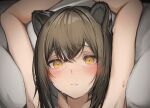  1girl animal_ears arknights arms_up blush brown_hair cropped freckles grey_hair hair_between_eyes highres long_hair looking_at_viewer lying multicolored_hair on_back on_bed paid_reward_available parted_lips portrait raccoon_ears raccoon_girl robin_(arknights) solo streaked_hair sweat tab_head yellow_eyes 