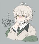  2boys blush chibi crying crying_with_eyes_open frown glasses grey_background huffing ishihara_usumi jiitarou kisaragi_ren_(mahjong_soul) mahjong_soul mask mouth_mask multiple_boys short_hair sketch tears translation_request wavy_hair white_hair yellow_eyes 