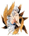 1girl absurdres ahoge ankle_cuffs bangs barefoot blue_eyes blush dolphin_shorts feathered_wings frown hayato_noda highres hugging_own_legs knees_up long_hair messy_hair multiple_wings original shorts sitting solo tank_top very_long_hair white_hair wings 