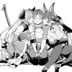  1boy 2girls absurdres animal_ears armor bangs bare_shoulders belt blush braid breastplate breasts closed_eyes crown_braid detached_sleeves draph extra_ears galleon_(granblue_fantasy) gauntlets gloves gran_(granblue_fantasy) granblue_fantasy greyscale hair_over_one_eye half_gloves highres horns japanese_clothes jewelry katana keoya_(keoya_01) kimono large_breasts licking long_hair long_sleeves monochrome multiple_girls narmaya_(granblue_fantasy) necklace open_mouth pauldrons pelvic_curtain pointy_ears seiza short_hair shoulder_armor single_pauldron sitting sleeveless sleeveless_kimono swept_bangs sword thigh_strap thighhighs thighs tongue tongue_out two-tone_dress weapon wide_sleeves 