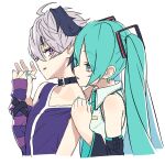 2girls ahoge aqua_eyes aqua_hair aqua_nails aqua_necktie arm_warmers bare_shoulders belt_collar black_sleeves collar collarbone commentary_request detached_sleeves flower_(vocaloid) flower_(vocaloid4) from_side grey_shirt hair_ornament hand_on_another&#039;s_shoulder hand_up hatsune_miku holding_hands interlocked_fingers long_hair looking_at_another looking_back multicolored_hair multiple_girls necktie parted_lips purple_hair purple_shirt rsk_(tbhono) shirt short_hair sleeveless sleeveless_shirt streaked_hair striped_arm_warmers twintails upper_body very_long_hair vocaloid 