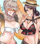  2girls animal_hands babalon_(housamo) bikini black_bikini black_hair black_sclera blue_background boater_hat breasts brown_hair collarbone colored_sclera feathered_wings feathers front-tie_bikini front-tie_top glasses hair_bun hair_intakes hair_over_one_eye harpy hat heterochromia highres large_breasts looking_at_viewer lostdog121 monster_girl multiple_girls navel neck_ruff official_alternate_costume open_mouth pale_skin purple_eyes red-framed_eyewear simple_background single_hair_bun single_sidelock smile spider_lily_print swimsuit tokyo_afterschool_summoners upper_body white_bikini white_feathers wings yellow_eyes ziz_(housamo) 