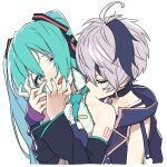  2girls aqua_eyes aqua_hair aqua_nails aqua_necktie arm_warmers bare_shoulders belt_collar black_sleeves closed_eyes collar commentary detached_sleeves flower_(vocaloid) flower_(vocaloid4) grey_shirt hatsune_miku headphones holding_hands holding_tie jacket kissing_shoulder looking_at_another multicolored_hair multiple_girls necktie open_mouth purple_hair purple_jacket rsk_(tbhono) shirt short_hair shoulder_tattoo sleeveless sleeveless_jacket streaked_hair tattoo vocaloid yuri 