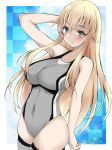  1girl bismarck_(kancolle) blonde_hair blue_eyes breasts checkered_background cowboy_shot gakky grey_swimsuit kantai_collection large_breasts long_hair looking_at_viewer multicolored_clothes multicolored_swimsuit one-hour_drawing_challenge solo swimsuit 