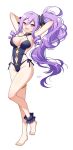  1girl bangs bare_shoulders black_swimsuit breasts cleavage earrings fate/grand_order fate_(series) full_body hair_between_eyes hair_ornament hair_scrunchie highleg highleg_swimsuit highres jewelry large_breasts long_hair looking_at_viewer one-piece_swimsuit purple_eyes purple_hair sakura_tsubame scrunchie side_ponytail sidelocks solo swimsuit thighlet very_long_hair wrist_scrunchie wu_zetian_(fate) wu_zetian_(swimsuit_caster)_(fate) 