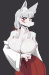  2022 anthro asian_clothing big_breasts breasts canid canine cleavage clothed clothing cooliehigh east_asian_clothing female fox fur fur_markings grey_hair hair hi_res huge_breasts inner_ear_fluff japanese_clothing kimono looking_at_viewer mammal markings red_eyes simple_background smile smiling_at_viewer solo tamamo-chan&#039;s_a_fox tenko_fushimi tuft white_body white_fur white_inner_ear_fluff 