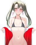  1girl absurdres bikini bikini_top_only blush breasts hair_ribbon highres kantai_collection long_hair looking_at_viewer navel ribbon simple_background small_breasts solo sweat swimsuit takaman_(gaffe) translation_request twintails white_background zuikaku_(kancolle) 