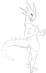  2019 anthro black_and_white butt female full-length_portrait hi_res horn lizard monochrome nude nude_anthro nude_female open_mouth portrait pupils rear_view reptile scalie sketch slit_pupils solo spiked_tail spikes spikes_(anatomy) standing w4g4 