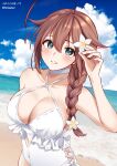  1girl ahoge beach blue_eyes blue_sky braid breasts brown_hair casual_one-piece_swimsuit cleavage cloud commentary cosplay day flower frilled_swimsuit frills hair_flaps hair_flower hair_ornament hair_over_shoulder highres horizon kantai_collection large_breasts looking_at_viewer mimamui ocean one-hour_drawing_challenge one-piece_swimsuit outdoors parted_lips sagiri_(kancolle) sagiri_(kancolle)_(cosplay) shigure_(kancolle) shigure_kai_ni_(kancolle) side-tie_swimsuit single_braid sky solo swimsuit symbol-only_commentary upper_body white_swimsuit 