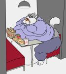  anthro belly belly_overhang beverage big_belly big_butt burger butt clothed clothing domestic_cat eating eyewear fast_food_restaurant fat_rolls felid feline felis food fries fur glasses grey_body grey_fur hi_res holding_food holding_object hoodie hyper hyper_belly inside male mammal messy moobs morbidly_obese morbidly_obese_anthro morbidly_obese_male obese obese_anthro obese_male overweight overweight_anthro overweight_male sitting solo stuffing thick_thighs topwear toxi vanillayote 