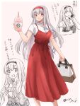  1girl anchor_symbol bag brown_eyes calling cellphone commentary_request dress drink drinking_straw feet_out_of_frame hairband kantai_collection long_hair looking_at_viewer official_alternate_costume phone red_dress red_hairband rin_(rin_niji) shirt shoukaku_(kancolle) simple_background solo translation_request twitter_username white_background white_hair white_shirt 