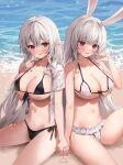  2girls absurdres animal_ears banned_artist bare_arms bare_shoulders beach bikini breasts cleavage closed_mouth collarbone commission elf embarrassed finger_to_cheek frilled_bikini frills front-tie_bikini front-tie_top halterneck highres holding_hands knee_up large_breasts long_hair looking_at_viewer multiple_girls navel original parsley-f pointy_ears rabbit_ears second-party_source side-tie_bikini sidelocks sitting skindentation smile stomach string_bikini swimsuit thighs tongue tongue_out very_long_hair water wet white_bikini 