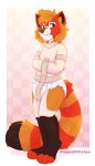  2022 4_toes ailurid anthro applepup bdsm bondage bound brown_eyes cel_shading checkered_background diaper digital_drawing_(artwork) digital_media_(artwork) feet fur hair hi_res inner_ear_fluff looking_aside male mammal nervous orange_body orange_fur orange_hair pantsless pattern_background red_panda restraints shaded simple_background solo standing straitjacket toes tuft watermark white_diaper 