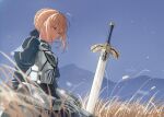  1girl ahoge armor armored_dress artoria_pendragon_(fate) blonde_hair blue_dress closed_eyes dress excalibur_(fate/stay_night) fate/stay_night fate_(series) gauntlets keya_(user_pnkz5883) planted planted_sword saber smile sword weapon wheat wind 