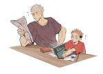  2boys book brown_eyes brown_shirt child closed_mouth commentary_request eraser frown grandfather_and_grandson grey_hair highres holding holding_book holding_newspaper itadori_wasuke itadori_yuuji jujutsu_kaisen male_child male_focus multiple_boys newspaper old old_man paper pencil_case pink_hair red_shirt shirt short_hair short_sleeves sikkarisitee simple_background spiked_hair table undercut upper_body white_background 