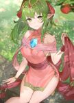  1girl alternate_costume apple bangs bare_shoulders blush breasts closed_mouth commentary dragonstone dress fire_emblem fire_emblem:_mystery_of_the_emblem fire_emblem_awakening fire_emblem_heroes food fruit gem grass green_eyes green_hair hair_between_eyes hair_ornament hair_ribbon haru_(nakajou-28) highres jewelry long_hair looking_at_viewer medium_breasts nature official_alternate_costume outdoors pelvic_curtain pink_dress pointy_ears ponytail red_ribbon ribbon sash short_dress sideboob sidelocks sitting sleeveless sleeveless_dress smile solo thighs tiki_(fire_emblem) tree 