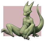  2019 anthro claws female flat_chested front_view full-length_portrait genitals green_body green_scales hi_res kobold looking_aside nude portrait presenting presenting_pussy pussy scales scalie sitting solo spread_legs spreading toe_claws w4g4 