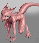  2019 all_fours anthro blue_eyes collar collar_only digital_media_(artwork) digital_painting_(artwork) female grey_background hi_res kobold nude nude_anthro nude_female open_mouth petplay pink_body pink_scales pupils roleplay scales scalie simple_background slit_pupils solo w4g4 