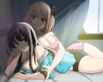  2girls absurdres bed black_hair black_panties blonde_hair breasts camisole cleavage collarbone curtains hair_ribbon highres indoors inoue_takina large_breasts long_hair looking_at_another lycoris_recoil multiple_girls nishikigi_chisato on_bed panties playing_with_another&#039;s_hair purple_eyes red_eyes ribbon shadow short_hair smile sunlight unbuttoned unbuttoned_shirt underwear window yuri 