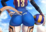  absurd_res anthro armwear ball beach big_butt butt caracal caracal_(genus) claws clothing felid feline female hi_res legwear mammal november_(character) paws pinup pose seaside solo sport staselina stockings summer volleyball volleyball_(ball) volleyball_court volleyball_net volleyball_uniform 