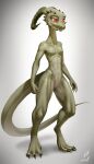  2019 anthro breasts claws female front_view full-length_portrait genitals green_body green_scales hi_res horn kobold nipples non-mammal_breasts non-mammal_nipples nude nude_anthro nude_female pepper_(zaggatar) portrait pupils pussy red_eyes scales scalie slit_pupils small_breasts solo spikes standing toe_claws w4g4 