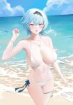  1girl :o bangs beach bikini black_hairband blue_hair blush bracelet breasts cloud collarbone eula_(genshin_impact) genshin_impact hair_ornament hairband highres huge_breasts jewelry liangfen looking_at_viewer medium_hair midriff navel necklace ocean ribbon sky solo summer swimsuit thigh_strap thighs white_bikini 