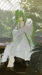  1other androgynous bangs barefoot closed_mouth enkidu_(fate) expressionless fate/extra fate/extra_ccc fate/grand_order fate/strange_fake fate/zero fate_(series) green_eyes green_hair highres k00s light_green_hair long_hair long_sleeves looking_at_viewer no_shoes pants robe sitting solo toga very_long_hair white_pants white_robe 