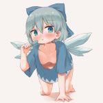  1girl arinu barefoot blue_bow blue_eyes blue_hair blue_shirt blush bow breasts cirno collarbone fairy food hair_between_eyes hair_bow highres holding holding_food ice ice_wings nipples parted_lips popsicle shirt short_hair short_sleeves small_breasts solo touhou wings 