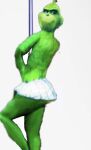  bottomwear clothing dancing dr._seuss fur girly green_body green_eyes green_fur grinch male pole pole_dancing presenting skirt smile smiling_at_viewer solo teasing unknown_artist 