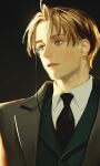  1boy alternate_costume alternate_eyewear america_(hetalia) axis_powers_hetalia black_background black_necktie blazer blonde_hair blue_eyes blue_suit brown_jacket collared_shirt formal highres huacai jacket looking_afar monocle necktie parted_lips shirt suit 