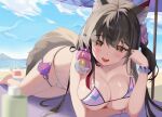  1girl :d absurdres animal_ear_fluff animal_ears bare_arms bare_shoulders beach bead_bracelet beads bikini blue_archive blurry bracelet breasts choyeon cleavage day depth_of_field fox_ears fox_girl fox_tail highres jewelry large_breasts long_hair looking_at_viewer lying natu_(natu_sod) navel on_stomach one_side_up open_mouth outdoors skindentation smile solo stomach strap_gap string_bikini swimsuit tail thigh_strap thighs wakamo_(blue_archive) wakamo_(swimsuit)_(blue_archive) white_bikini 