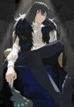  1boy alternate_hair_color arthropod_boy bangs black_hair black_pants chair cloak closed_mouth collared_shirt commentary crossed_legs crown diamond_hairband fate/grand_order fate_(series) fur-trimmed_cloak fur_collar fur_trim highres insect_wings light_blush long_sleeves looking_at_viewer male_focus medium_hair oberon_(fate) oberon_(third_ascension)_(fate) official_alternate_costume pants romo827 shirt sitting solo twitter_username white_shirt wings 