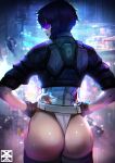  1girl absurdres ass ass_focus back blurry blurry_background city_lights from_behind ghost_in_the_shell ghost_in_the_shell_stand_alone_complex hands_on_hips highleg highleg_leotard highres jacket kusanagi_motoko leotard looking_back neon_lights night outdoors purple-tinted_eyewear purple_hair short_hair short_sleeves solo standing tinted_eyewear xuuikie_ashe 