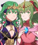  2girls alternate_costume bangs bare_shoulders bracelet braid breasts byleth_(fire_emblem) byleth_(fire_emblem)_(female) cleavage cleavage_cutout closed_mouth clothing_cutout commentary_request cosplay dragonstone dress fire_emblem fire_emblem:_mystery_of_the_emblem fire_emblem:_three_houses fire_emblem_heroes gem green_eyes green_hair grey_background hair_between_eyes hair_ornament hair_ribbon highres jewelry long_hair looking_at_viewer medium_breasts multiple_girls official_alternate_costume peach11_01 pink_dress pointy_ears ponytail purple_dress red_ribbon ribbon sidelocks simple_background sleeveless sleeveless_dress smile sothis_(fire_emblem) sothis_(fire_emblem)_(cosplay) tiki_(fire_emblem) twitter_username upper_body 