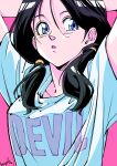  1girl :o absurdres arms_up beagle47400590 black_hair blue_eyes breasts clothes_writing dragon_ball dragon_ball_z highres pink_background shirt short_sleeves simple_background solo twintails upper_body videl white_shirt 