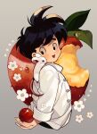  1boy absurdres animal_on_shoulder apple black_eyes black_hair child chinese_clothes commentary db_jolimuuu dragon_ball dragon_ball_(classic) dragon_ball_z flower food fruit grey_background highres holding holding_food holding_fruit leaf lily_(flower) looking_at_another male_child male_focus mouse open_mouth short_hair simple_background smile son_gohan spiked_hair star_(symbol) symbol-only_commentary teeth upper_teeth water_drop 