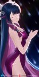  1girl ass bangs bare_shoulders blue_hair blunt_bangs breasts cleavage closed_eyes colored_inner_hair columbina_(genshin_impact) commentary_request cowboy_shot dress genshin_impact helloimtea highres long_hair medium_breasts multicolored_hair own_hands_together purple_dress purple_hair side_slit smile solo standing very_long_hair 