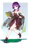  1girl bare_shoulders book bra collarbone commission dress eruichi_(redphantom) fire_emblem fire_emblem:_the_sacred_stones gradient gradient_background highres holding holding_book looking_at_viewer low_twintails lute_(fire_emblem) medium_hair open_book panties purple_dress purple_eyes purple_hair serious shoes simple_background skeb_commission sleeveless sleeveless_dress solo torn_clothes torn_dress twintails underwear v-shaped_eyebrows white_bra white_panties 