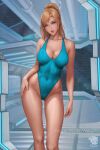  1girl artist_name bare_hips bare_shoulders blonde_hair blue_eyes blue_swimsuit breasts cleavage collarbone commentary covered_navel hand_on_hip head_tilt highleg highleg_swimsuit highres large_breasts lips long_hair looking_at_viewer medium_breasts metroid metroid_(classic) mole mole_on_body mole_on_leg mole_under_mouth navel one-piece_swimsuit parted_lips ponytail prywinko samus_aran shiny shiny_hair shiny_swimsuit simple_background skin_tight skindentation solo standing swimsuit thighhighs thighs watermark 