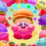  1boy blue_eyes blush burger cheese closed_eyes closed_mouth colorful commentary food frown fruit gradient gradient_background kirby kirby&#039;s_dream_buffet kirby&#039;s_dream_land kirby_(series) leonieyue open_mouth saliva smile sparkling_eyes star_(symbol) strawberry tomato tomato_slice web_address 
