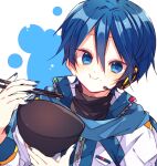  1boy bangs blue_eyes blush bowl chewing chopsticks coat eating food headphones headset high_collar highres holding holding_bowl holding_chopsticks kaho_0102 kaito_(vocaloid) male_focus nail_polish scarf short_hair solo turtleneck vocaloid 