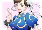  1girl absurdres artist_name beagle47400590 bracelet breasts brown_eyes brown_hair bun_cover chinese_clothes chun-li earrings hair_ornament highres jewelry looking_at_viewer open_mouth smile spiked_bracelet spikes street_fighter 