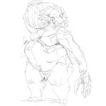  anthro barrel belly big_belly bottomwear clothing female grindavikbydaylight hair hair_over_eyes hi_res hooves loincloth mammal obscured_eyes rumbling_stomach solo suid suina sus_(pig) tusks wild_boar 