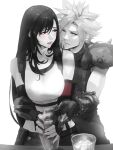  1boy 1girl armor bare_shoulders black_hair black_skirt blue_eyes blush breasts cloud_strife cocktail_shaker couple crop_top cup detached_sleeves earrings final_fantasy final_fantasy_vii final_fantasy_vii_remake fingerless_gloves gloves highres holding jewelry large_breasts long_hair looking_at_another one_eye_closed red_eyes red_lips shoulder_armor skirt sleeveless sleeveless_turtleneck spiked_hair spykeee suspender_skirt suspenders sweater tank_top tifa_lockhart turtleneck turtleneck_sweater twitter_username watermark white_background white_tank_top 