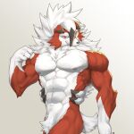  abs anthro canid canine captainjohkid fur hi_res looking_at_viewer lycanroc male mammal midnight_lycanroc muscular muscular_anthro muscular_male nintendo nipples pecs pok&eacute;mon pok&eacute;mon_(species) red_body red_eyes red_fur solo video_games white_body white_fur 